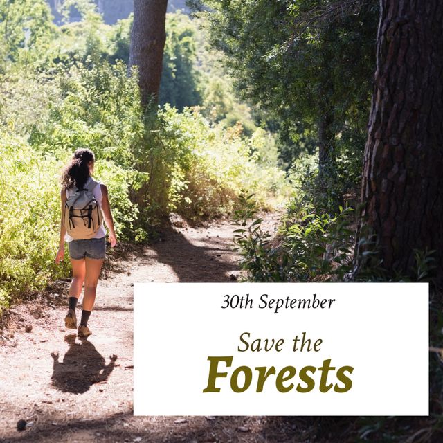 Composite of rear view of biracial young woman exploring forest and 30th september, save the forests. Text, adventure, vacation, tree, nature, awareness, protection and environmental conservation.