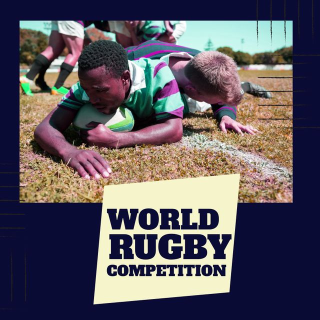 Composition of world rugby competition text over diverse rugby players. World rugby contest and sport concept digitally generated image.