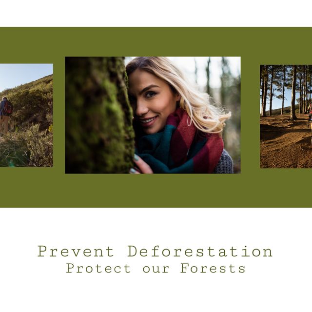 Caucasian young woman enjoying vacation in forest and prevent deforestation, protect our forests. Text, collage, composite, adventure, nature, awareness, protection, environmental conservation.