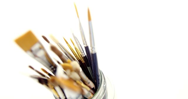 Close-up of various paint brushes on white background