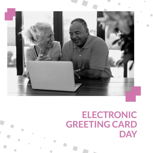 Animation of electronic greeting card day over happy diverse senior couple using laptop. Communication, greetings and technology concept.