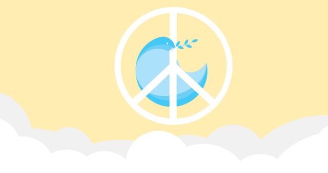 Vector image of bird with peace symbol over clouds, copy space. Illustration, international day of peace, avoid war and violence, celebration, hope, kindness, support.