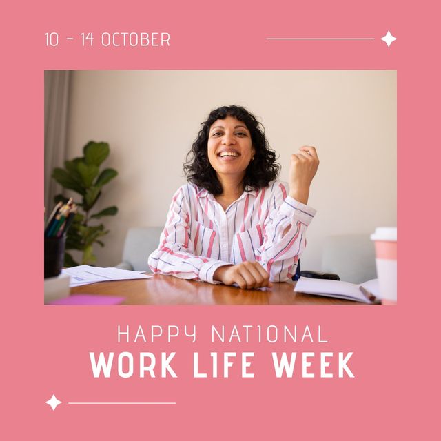 Image of national work life week and happy biracial woman sitting at desk. Work life balance, mental and physical health concept.
