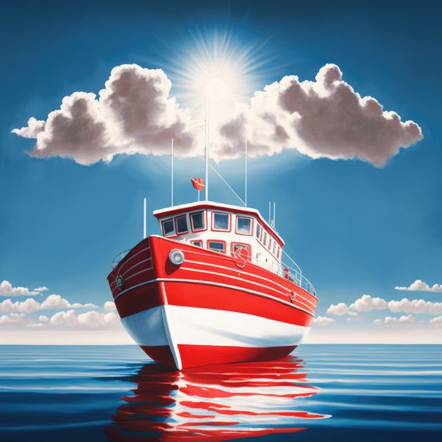 Image of red boat on sea over clouds and blue sky, created using generative ai technology. Transport, travel and boat, digitally generated image.
