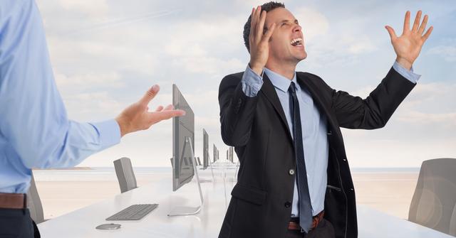Frustrated businessman screaming against office in background - Download Free Stock Photos Pikwizard.com