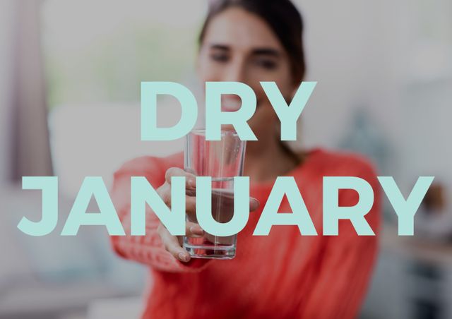 Composition of dry january text with woman holding empty glass in background, copy space. public health campaign, vector and alcohol abuse.