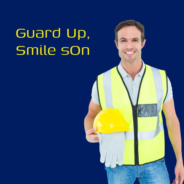 Composition of health and safety text over caucasian man holding safety helmet. Health and safety, precaution and care concept digitally generated image.