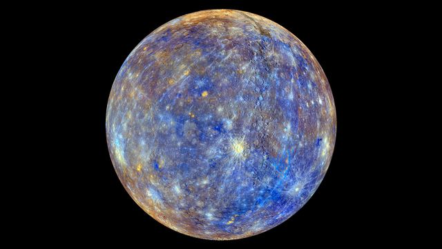 This colorful view of Mercury was produced by using images from the color base map imaging campaign during MESSENGER's primary mission. These colors are not what Mercury would look like to the human eye, but rather the colors enhance the chemical, mineralogical, and physical differences between the rocks that make up Mercury's surface.   Young crater rays, extending radially from fresh impact craters, appear light blue or white. Medium- and dark-blue areas are a geologic unit of Mercury's crust known as the &quot;low-reflectance material&quot;, thought to be rich in a dark, opaque mineral. Tan areas are plains formed by eruption of highly fluid lavas. The crater in the upper right whose rays stretch across the planet is Hokusai.  <b>To watch a movie of this colorful view of Mercury as a spinning globe go here: <a href="http://www.flickr.com/photos/gsfc/8497927473">www.flickr.com/photos/gsfc/8497927473</a></b>  Young crater rays, extending radially from fresh impact craters, appear light blue or white. Medium- and dark-blue areas are a geologic unit of Mercury's crust known as the &quot;low-reflectance material&quot;, thought to be rich in a dark, opaque mineral. Tan areas are plains formed by eruption of highly fluid lavas. The giant Caloris basin is the large circular tan feature located just to the upper right of center of the image.  The MESSENGER spacecraft is the first ever to orbit the planet Mercury, and the spacecraft's seven scientific instruments and radio science investigation are unraveling the history and evolution of the Solar System's innermost planet. Visit the Why Mercury? section of this website to learn more about the key science questions that the MESSENGER mission is addressing. During the one-year primary mission, MESSENGER acquired 88,746 images and extensive other data sets. MESSENGER is now in a yearlong extended mission, during which plans call for the acquisition of more than 80,000 additional images to support MESSENGER's science goals.  Credit: NASA/Johns Hopkins University Applied Physics Laboratory/Carnegie Institution of Washington  <b><a href="http://www.nasa.gov/audience/formedia/features/MP_Photo_Guidelines.html" rel="nofollow">NASA image use policy.</a></b>  <b><a href="http://www.nasa.gov/centers/goddard/home/index.html" rel="nofollow">NASA Goddard Space Flight Center</a></b> enables NASA’s mission through four scientific endeavors: Earth Science, Heliophysics, Solar System Exploration, and Astrophysics. Goddard plays a leading role in NASA’s accomplishments by contributing compelling scientific knowledge to advance the Agency’s mission.  <b>Follow us on <a href="http://twitter.com/NASAGoddardPix" rel="nofollow">Twitter</a></b>  <b>Like us on <a href="http://www.facebook.com/pages/Greenbelt-MD/NASA-Goddard/395013845897?ref=tsd" rel="nofollow">Facebook</a></b>  <b>Find us on <a href="http://instagram.com/nasagoddard?vm=grid" rel="nofollow">Instagram</a></b>