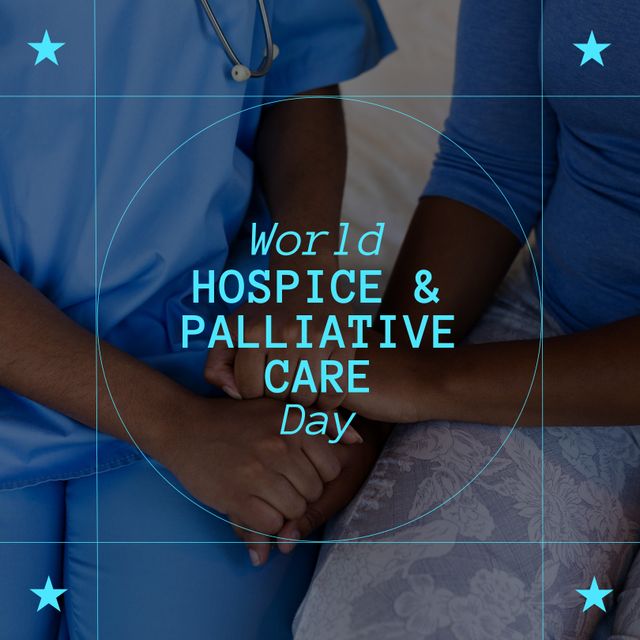 Composition of world hospice and palliative care day text over doctor with patient holding hands. World hospice and palliative care day and celebration concept digitally generated image.