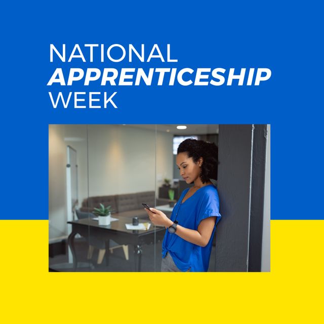 Composition of national apprenticeship week text and businesswoman in office. Apprenticeship, work and development concept.