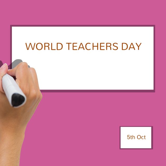 Composition of world teachers day text with hand holding pen on pink background - Download Free Stock Templates Pikwizard.com
