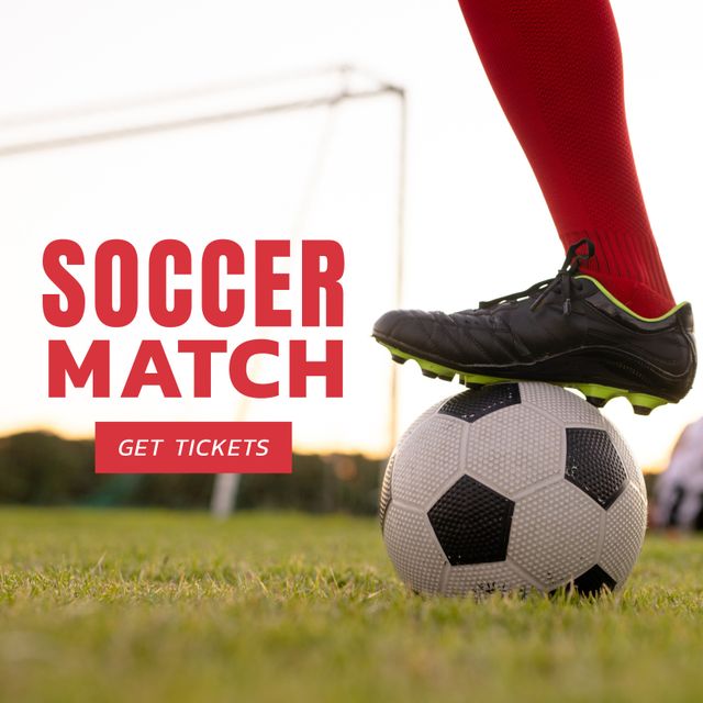 Composition of soccer match get tickets text over soccer player. Soccer season and sport concept digitally generated image.