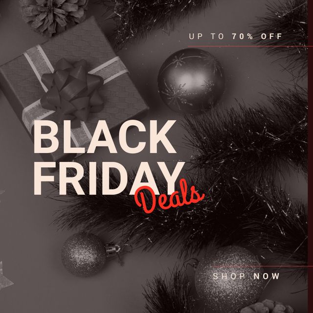 Composition of up to 70 percent off black friday deals shop now text over present and decorations. Black friday, shopping and retail concept digitally generated image.