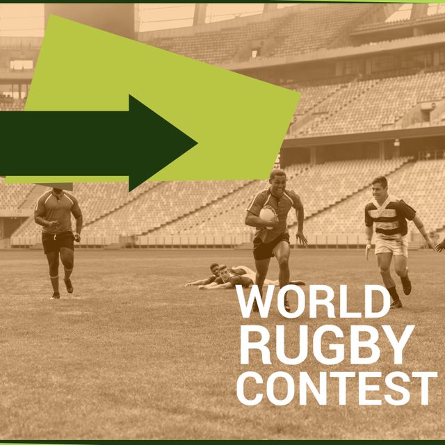 Composition of world rugby contest text over diverse rugby players. World rugby contest and sport concept digitally generated image.