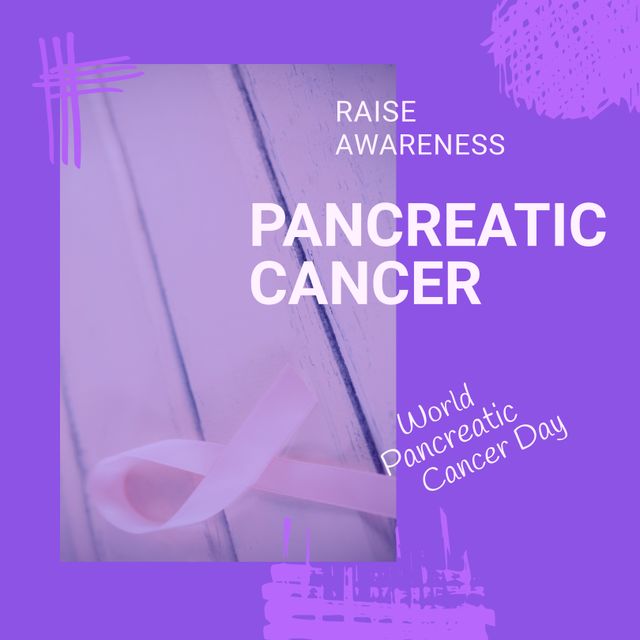 Composition of world pancreatic cancer day text with pink ribbon on purple background. Pancreatic cancer day and celebration concept digitally generated image.