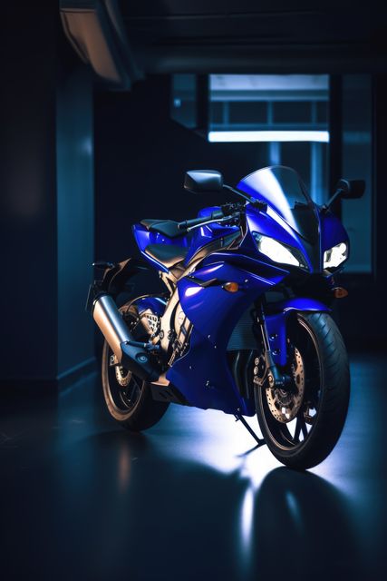 Blue motorbike in garage, created using generative ai technology. Motorbike, travel and transport concept digitally generated image.