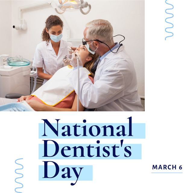 Composition of national dentist's day text and male dentist with female patient in surgery. National dentist's day, dentistry and tooth health concept.