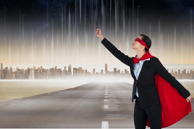 Digital composite of businesswoman in superhero costume on road in city - Download Free Stock Photos Pikwizard.com