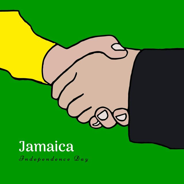 Illustration of cropped hands giving handshake and jamaica independence day text on green background. togetherness, copy space, patriotism, celebration, freedom and identity concept.