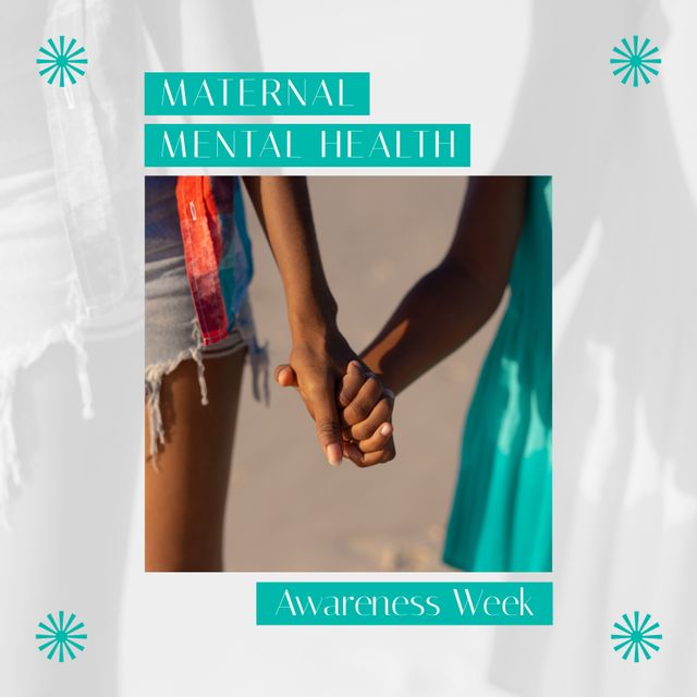Composition of maternal mental health awareness week and mother with daughter holding hands. Maternal mental health awareness week and health concept digitally generated image.