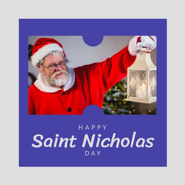 Composition of saint nicholas day text over santa claus holding lantern. Saint nicholas day, christmas festivity, tradition and celebration concept.