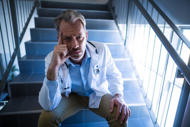 Portrait of sad doctor sitting on staircase - Download Free Stock Photos Pikwizard.com