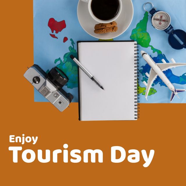 Notepad with camera, pen, navigational compass, airplane, map, coffee, cookies, enjoy tourism day. Text, composite, table, planning, travel, awareness, celebration and social impact concept.