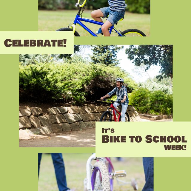 Digital image of caucasian boys wearing bicycles with celebrate it's bike to school week text. Copy space, benefits of cycling, encourages healthy habit, learning, environment conservation.