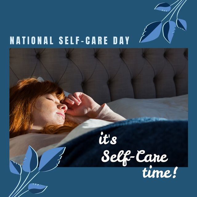 Composition of national self-care day text over caucasian woman lying on bed. National self-care day concept digitally generated image.
