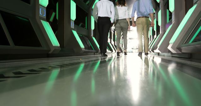 Professionals, in the tech or corporate sector, walk through a modern hallway with green lighting accents, with copy space. Their attire suggests a formal business environment, emphasizing the contemporary design of the workplace.
