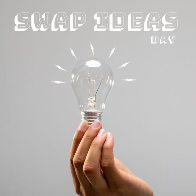 Digital composite image of woman's hand holding bulb with swap ideas day text on gray background. Copy space, celebration, knowledge, teamwork, sharing ideas and thoughts concept.