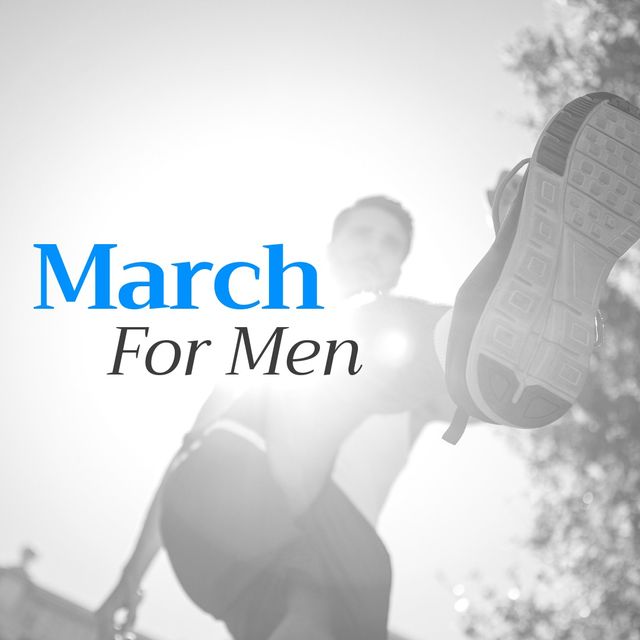 Low angle view of man jumping over march for men text while running against sky on sunny day. digital composite, event and prostate cancer awareness campaign concept.