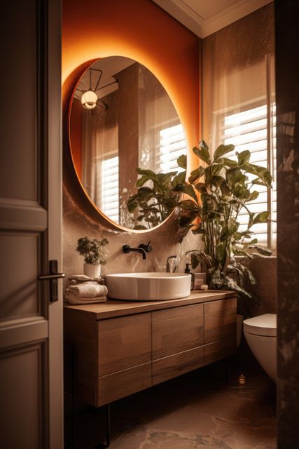 Eclectic bathroom interior with plants and round mirror, created using generative ai technology. Interior design and contemporary home decoration, digitally generated image.