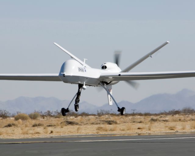 NASA's Ikhana unmanned science demonstration aircraft, a civil variant of General Atomics' Predator B, lifts off from Grey Butte airfield in Southern California.