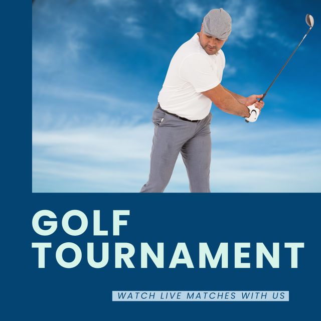 Square image of golf tournament with blue background and dark blue frame. Golf, sport, competition, rivalry and recreation concept.