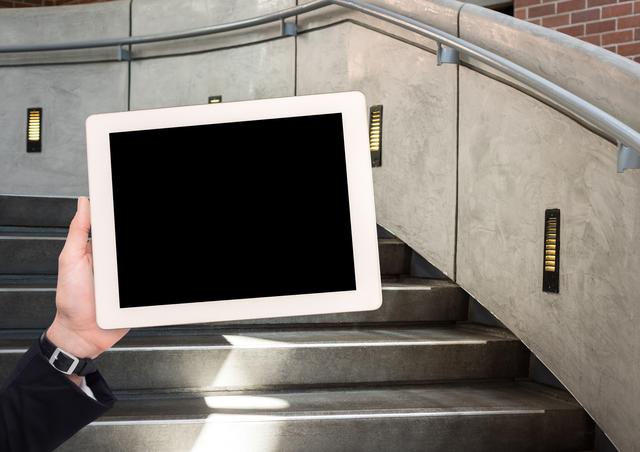 Untitled hand with tablet in the stairs - Download Free Stock Photos Pikwizard.com