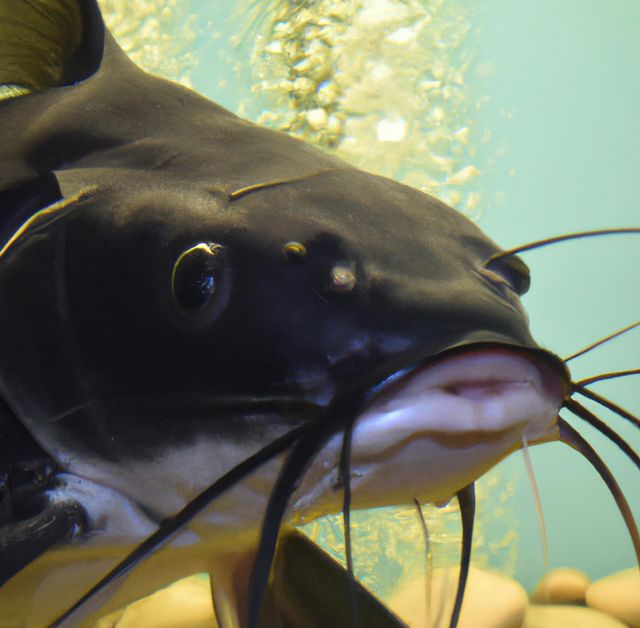 Close up of shiny brown catfish in water over aquarium. Nature, animals and fish concept.