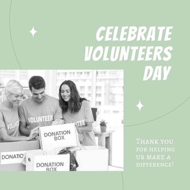 Composition of volunteer day text and black and white photo of diverse volunteers with donation box. International volunteer day and helping concept.