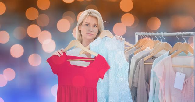Confused woman choosing between dresses while shopping over bokeh - Download Free Stock Photos Pikwizard.com