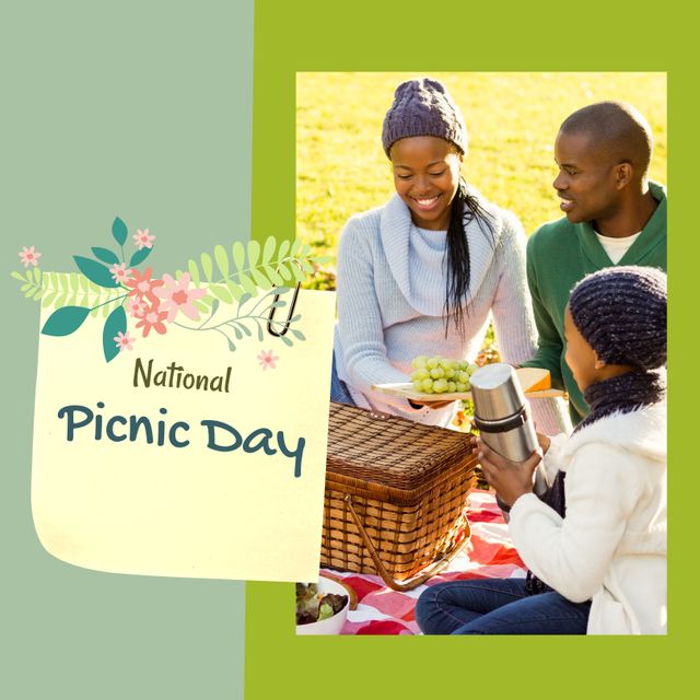 Composite of african american family enjoying picnic with flower vector and national picnic day text. Copy space, park, happy, text, childhood, food, love, together and celebration concept.