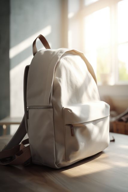 Close up of white school bag on table, created using generative ai technology. School, education and learning concept digitally generated image.