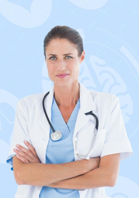 Digital composite image of female doctor standing with arms crossed