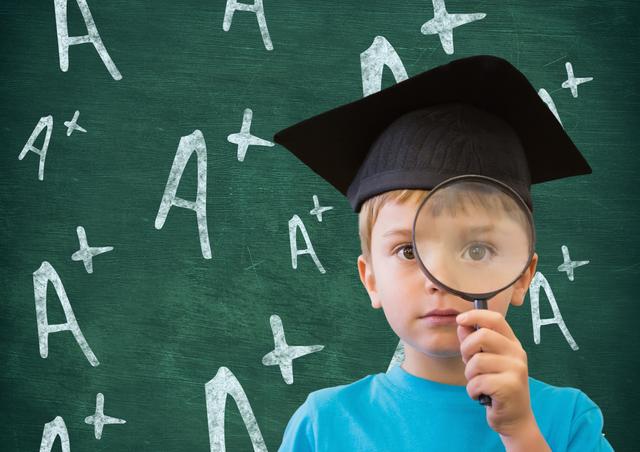 Boy in graduation cap holding magnifying glass against A positive sign in background - Download Free Stock Photos Pikwizard.com