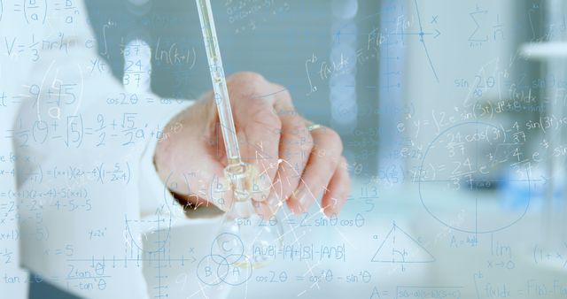Image of mathematical equations on mid section of scientist performing experiment at laboratory. Medical research and science technology concept