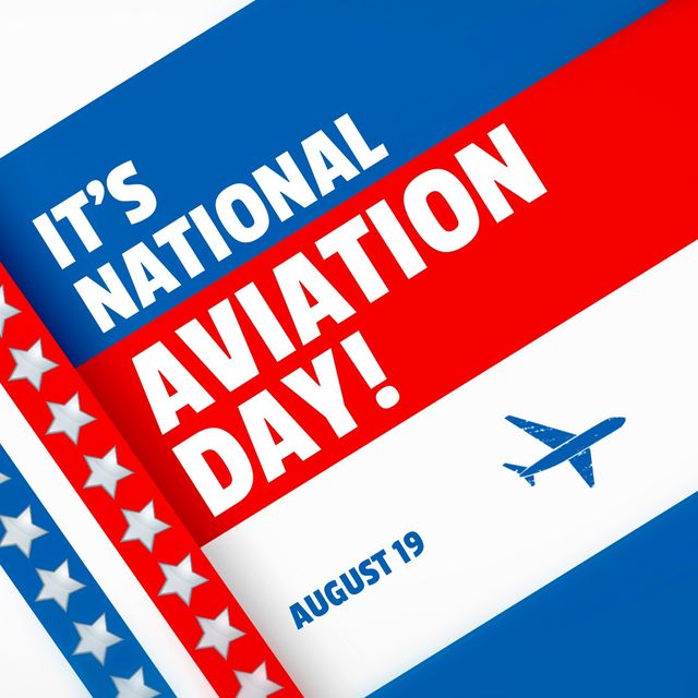 Illustration of it's national aviation day and august 19 text with airplane on colorful background. Copy space, vector, aircraft, transportation, patriotism, celebration and awareness concept.