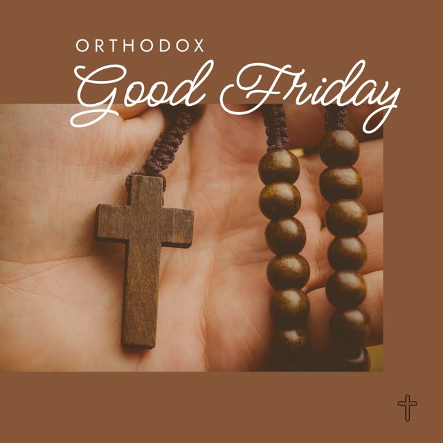 Image of good friday text over hand holding rosary. Good friday and celebration concept digitally generated image.