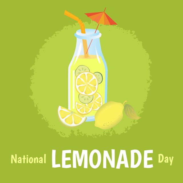 Illustration of lemonade with straw in bottle and national lemonade day text on green background. Vector, copy space, lemon, citrus fruit, fresh, drink, support, business, charity and celebration.