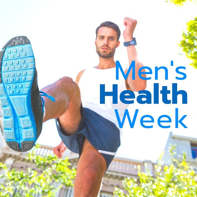 Men's health week text on caucasian man jumping while running outdoors - Download Free Stock Templates Pikwizard.com