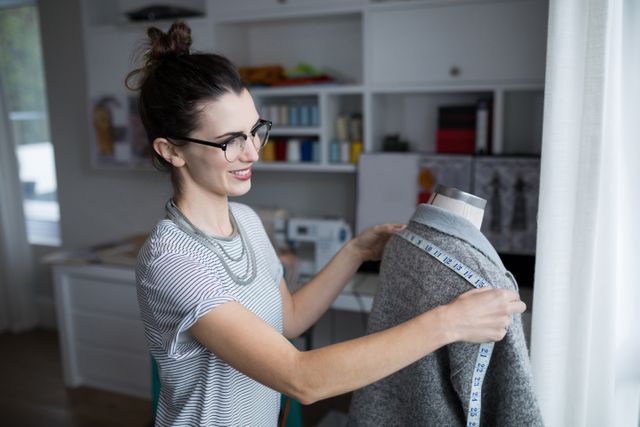 Fashion designer taking measure of fabric at home