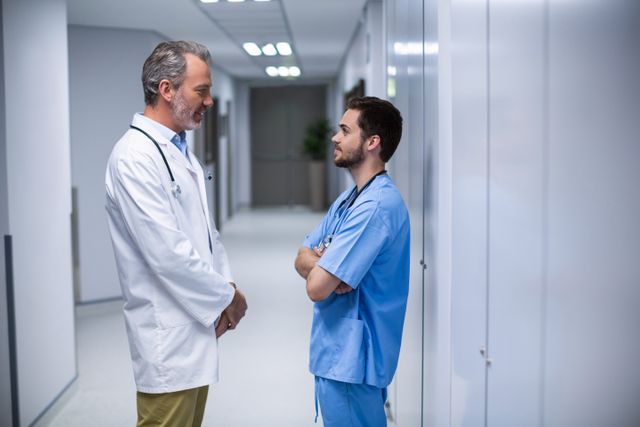 Doctor and male nurse interacting with each other in corridor - Download Free Stock Photos Pikwizard.com